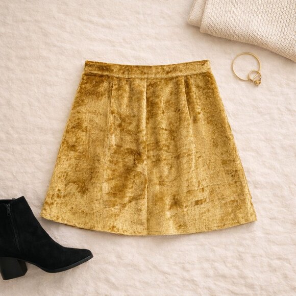 Handmade Dresses & Skirts - Handmade Gold Crushed Velvet A-Line Mini Skirt High Waist 15” Flat